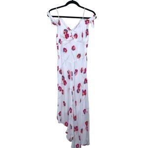New Lewit Size 4 White Pink Tie Sleeve Cold Shoulder Floral Midi Dress Cocktail